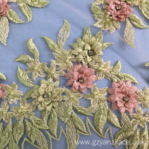 Green Flower Handwork Pearl Tulle Lace Fabric